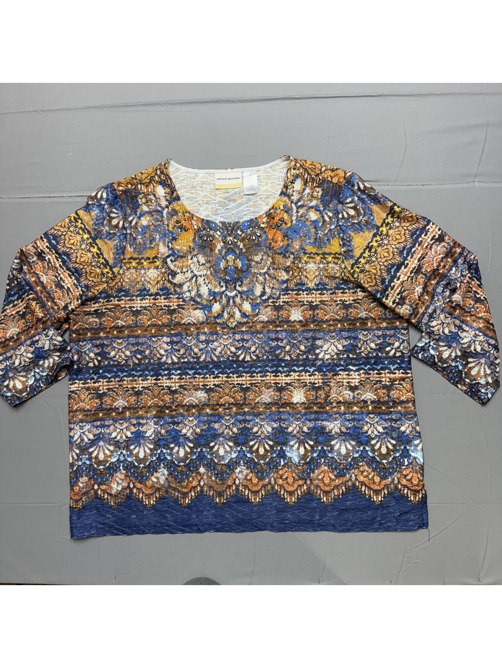 Alfred Dunner Womens Embellished Neck Textured Paisley Top 1X Blue Orange Boho